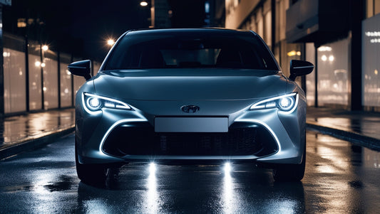 Voiture moderne de face avec éclairage LED puissant, illuminant une rue urbaine de nuit.